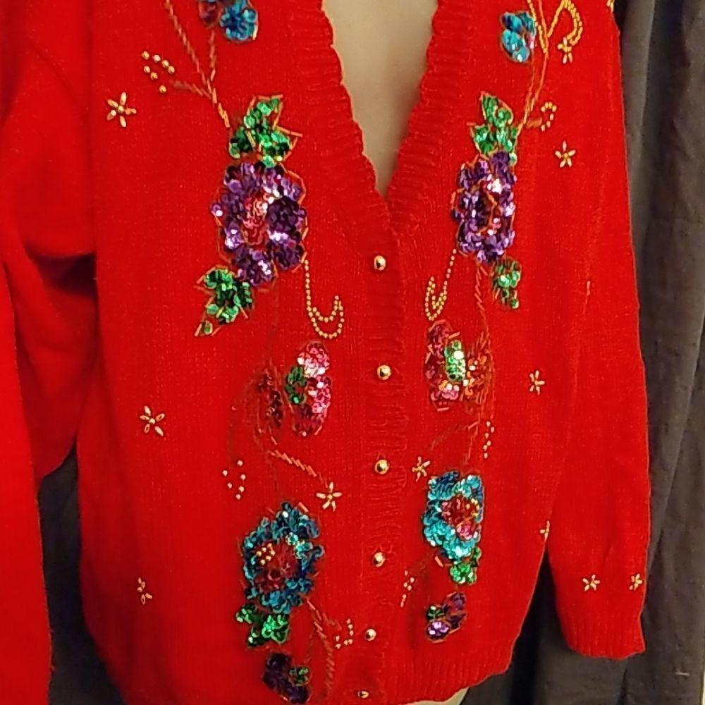 Gloriously Gaudy Red Sequined Floral Sweater - Picture 2 of 7